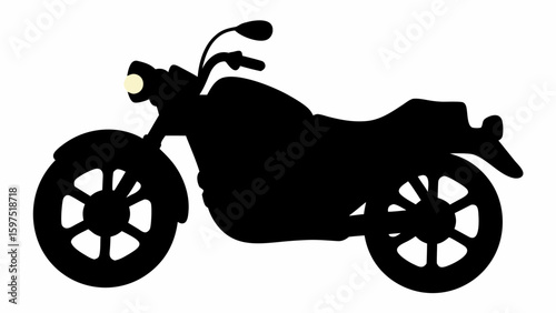 Silhouette of a motorcycle with a round headlight and visible wheels and handlebars displayed on white background