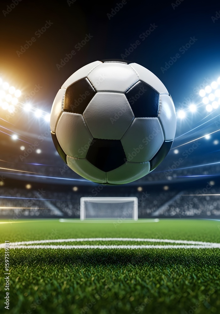 Fototapeta premium Soccer Ball Floating in Bright Stadium with Goal and Lights