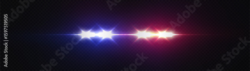 Light effects of blue and red police flashing lights on a black background. Sharp flickering of headlights and reflections - for action design, alarm and special effects.
