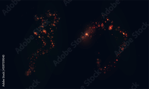 Festive golden bokeh with soft highlights and shimmering dust bright light effect on dark background.