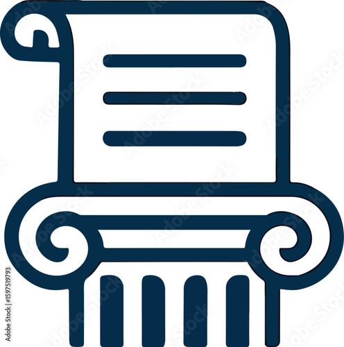Vector logo of minimal scholarly scroll with horizontal lines set above classical fluted column with ornate volutes in flat design style, symbolizing academic history, cultural knowledge preservation,