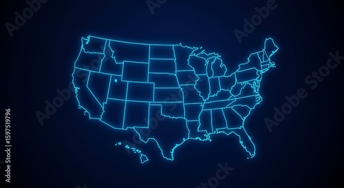 Glowing digital outline map of the United States, showcasing all fifty states.