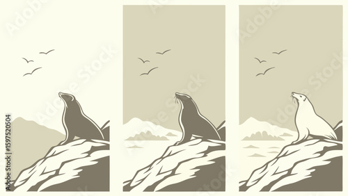 Vector Triptych of subtly textured off transparency backgrounds featuring stylized seals rocky outcrops