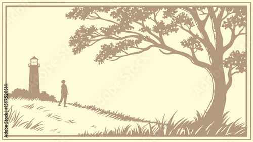 Vector Serene landscape features lighthouse beside winding path, with person walking under large tree