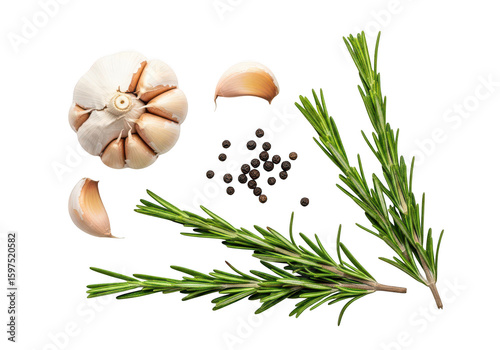 Fresh garlic rosemary and peppercorns arranged on spice herb © Abir