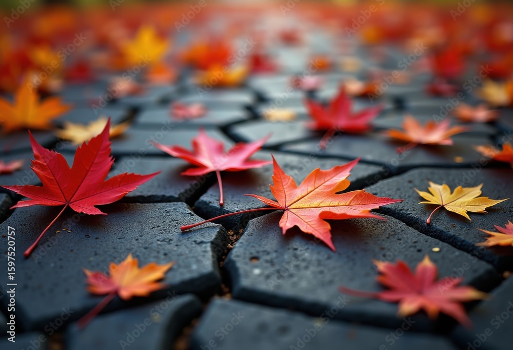 Obraz premium cracked asphalt detail colorful autumn leaves vibrant contrast textures nature close, fallen, orange, yellow, brown, garden, flora, pebbles, soil, bright, surface