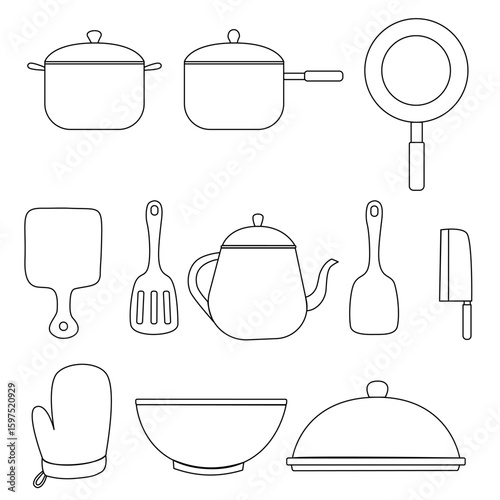 Kitchen utensils line art set. Set of hand drawn kitchen utensils includes pot, pan, spatula, cutting board, knife, bowl and more. Perfect for culinary themed design, recipe book, and cooking blogs
