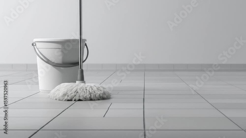 A white bucket and mop stand on a gray tiled floor against a white wall.