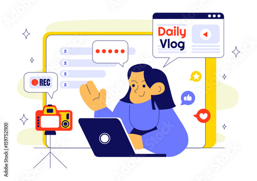 Daily Vlog Vector Illustration Featuring an Influencer Browsing Social Networks with Live Streaming of Various Activities in a Lifestyle Background