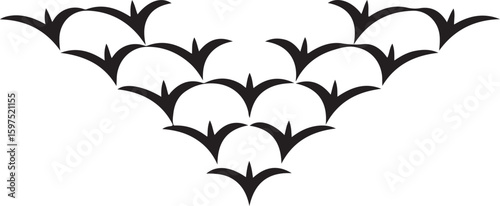 Flock of birds flying in formation, simple geometric design, originally vector graphics, scalable art