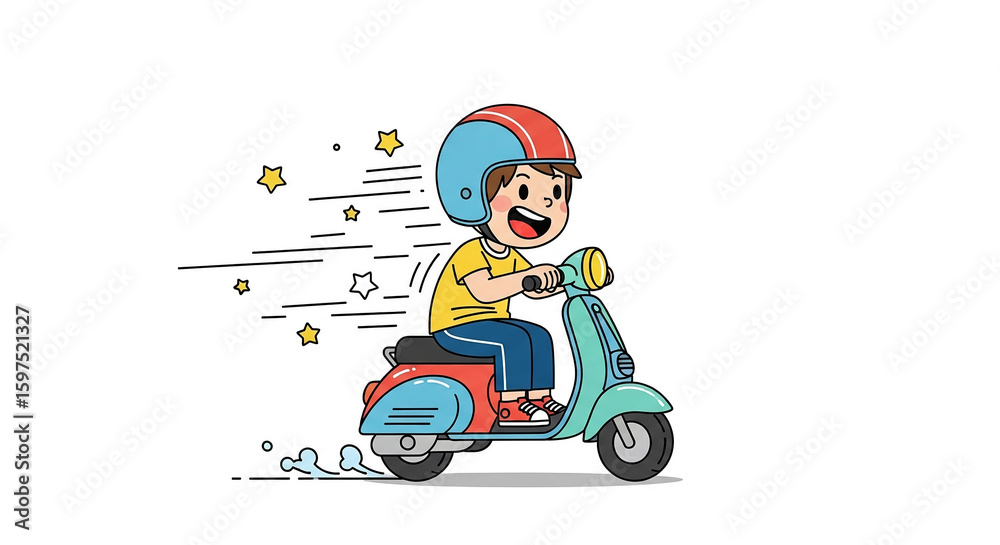 Cartoon child riding a scooter, fast and happy, illustration. Cartoon child riding a scooter, fast and happy, illustration.