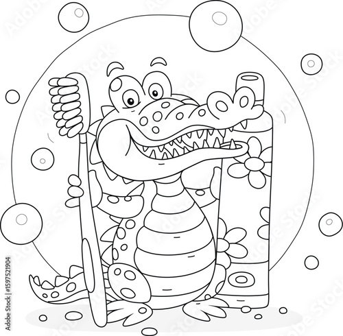 Funny cartoony crocodile with a toothbrush and toothpaste for baby teeth cleaning, black and white vector cartoon illustration for a coloring book