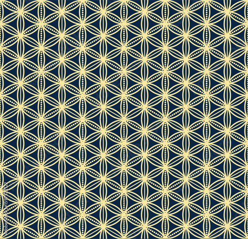 Intricate geometric chinese pattern with interconnected curved lines and dotted. Details in golden yellow on a deep navy blue background. Ideal for spiritual, decorative, or modern design applicati