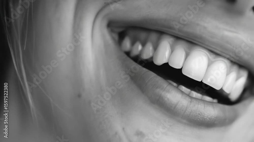 Close-up, black and white image of a person's open-mouthed smile, revealing teeth and part of their face.