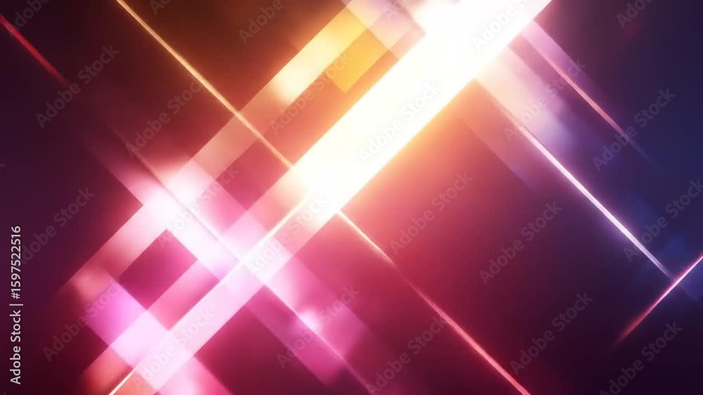 Diagonal beams of pink, orange, and blue light intersect against a dark background.