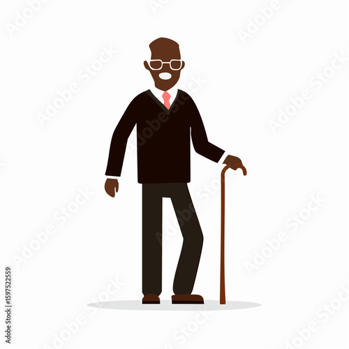 Vector black and white silhouette of an elderly person using a cane, flat icon for priority seating or assistance area