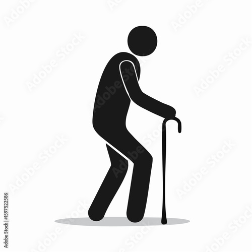 Vector black and white silhouette of an elderly person using a cane, flat icon for priority seating or assistance area