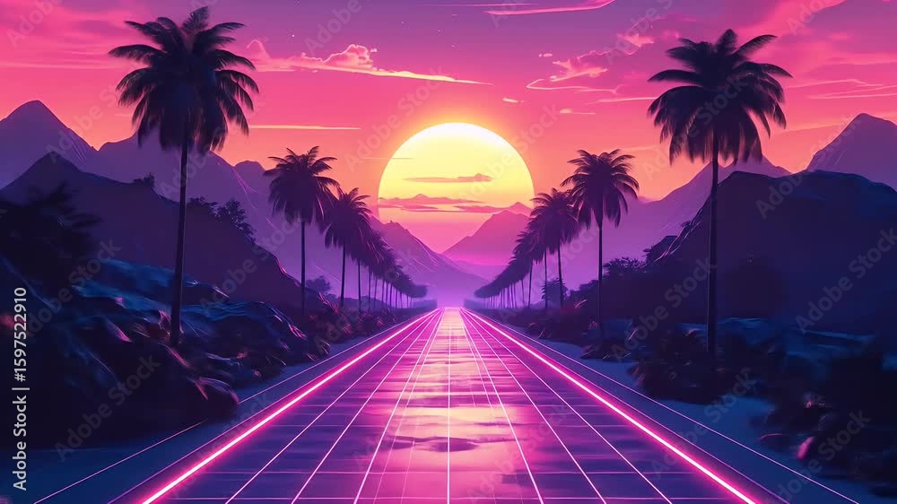 Retro sunset road through palm trees
