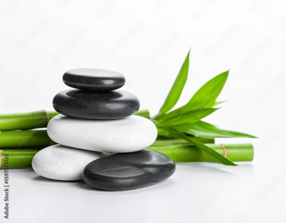 Serene Minimalist Zen Garden with Smooth Stones and Bamboo on White Background Serene Minimalist Zen Garden with Smooth Stones and Bamboo on White Background