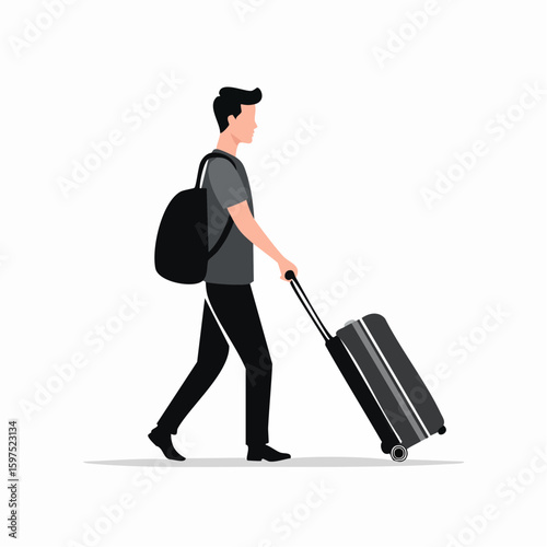 Flat vector black and white silhouette of a person pulling luggage, clean icon for airport or train station signage
