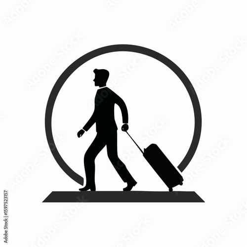 Flat vector black and white silhouette of a person pulling luggage, clean icon for airport or train station signage