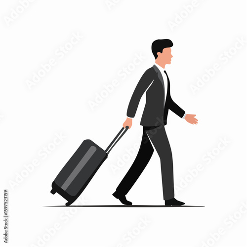 Flat vector black and white silhouette of a person pulling luggage, clean icon for airport or train station signage