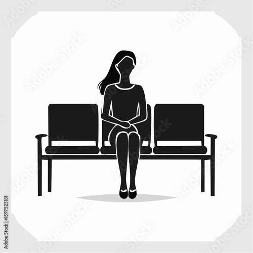Black and white silhouette vector of a person sitting on a bench or chair, minimal design for waiting area or lounge signage