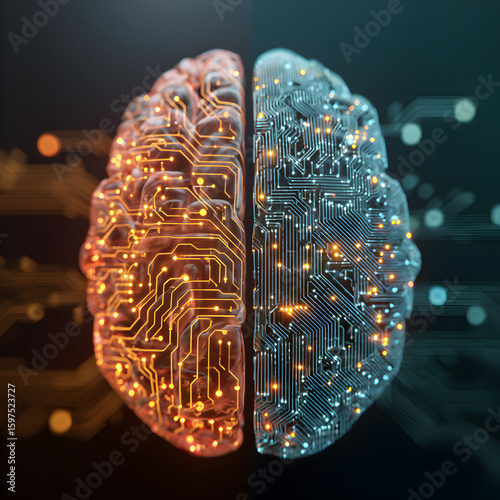 Futuristic Split Brain Image with Biological and Technological Sides
