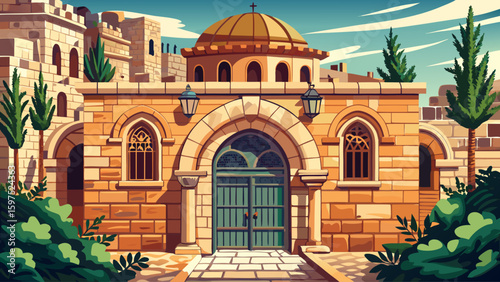 An old limestone house in Jerusalem’s Old City with arched entryways, domed rooftop, and intricate iron window grilles, reflecting centuries of layered history and faith