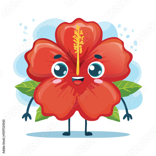 Hibiscus in cute cartoon character style with expressive face and limbs.