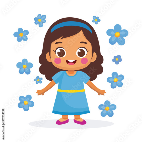 Forget-Me-Not in cute cartoon character style with expressive face and limbs.