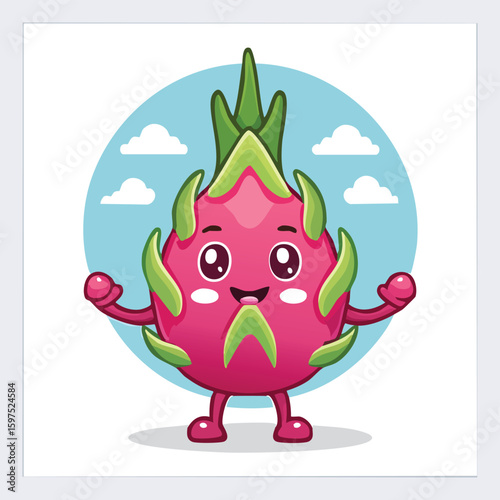 Dragon Fruit in cute cartoon character style with expressive face and limbs.