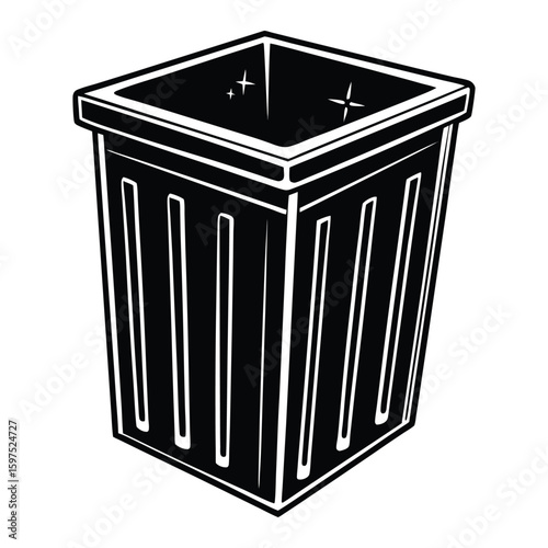 Black trash bin with simple modern design on white background