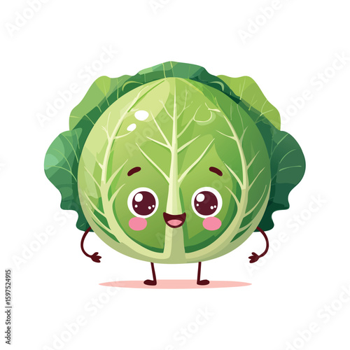 Cabbage in cute cartoon character style with expressive face and limbs.