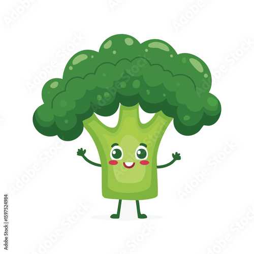 Broccoli in cute cartoon character style with expressive face and limbs.