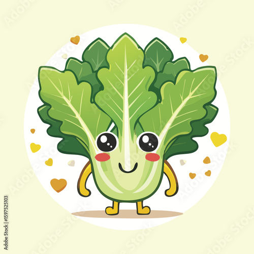 Mustard Greens in cute cartoon character style with expressive face and limbs.