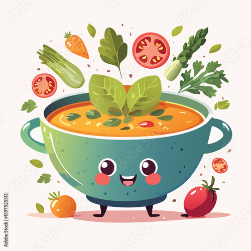 Vegetable Soup in cute cartoon character style with expressive face and limbs.