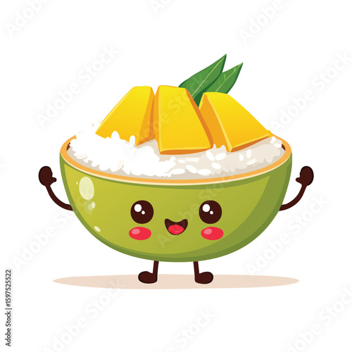 Mango Sticky Rice in cute cartoon character style with expressive face and limbs.