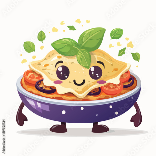 Eggplant Parmesan in cute cartoon character style with expressive face and limbs.