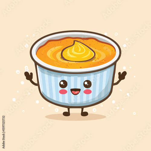 Crème Brûlée in cute cartoon character style with expressive face and limbs.