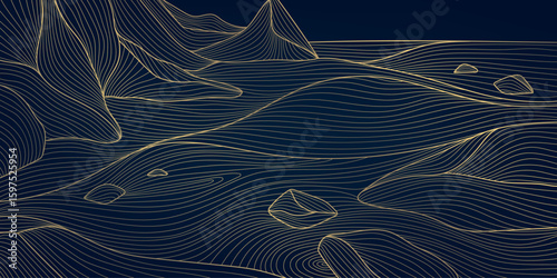 Vector line mountains and waves illustration, golden luxury rocks and sea water scape, nature japanese environment background