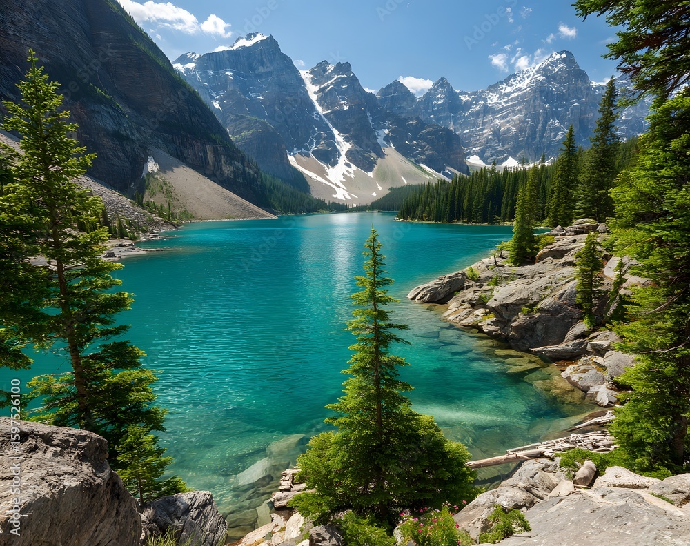 Obraz premium Serene Turquoise Lake Surrounded By Mountain Majesty
