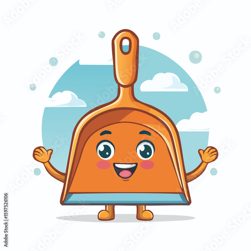 dustpan in cute cartoon character style with expressive face and limbs.