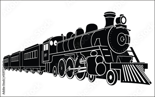Black steam locomotive with passenger cars train engine