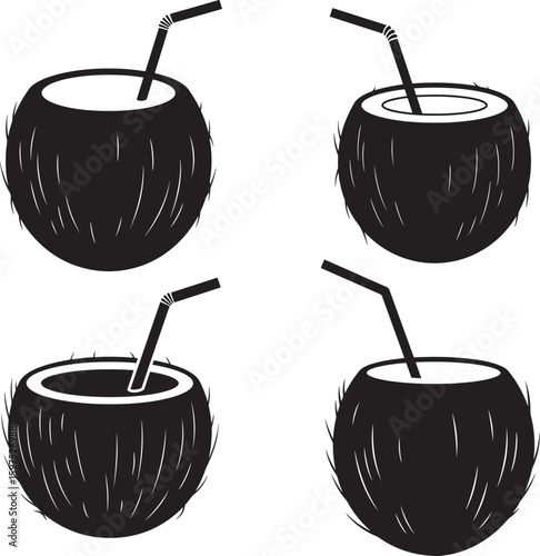 Four coconut drinks with straws silhouette