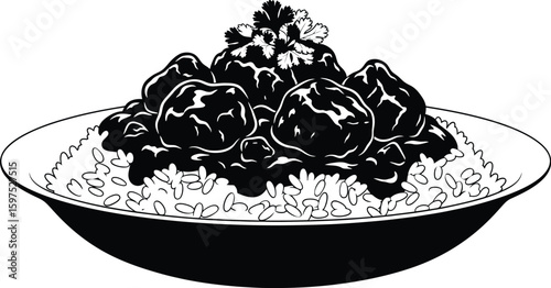 Illustration of a bowl of rice topped with meatballs and fresh herbs