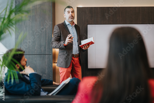 Tablou pe pânză Focused business professional presenting ideas to colleagues in a modern office environment, fostering teamwork and collaboration