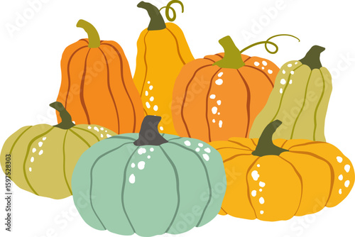 Pumpkins, gourds, seasonal vegetables, autumn harvest. For autumn decorations, harvest themes, kitchen textiles, food packaging, seasonal print.