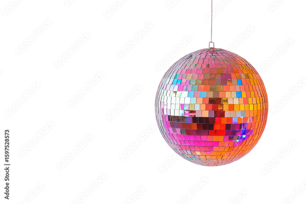 Obraz premium Colorful disco ball with many small mirrored squares isolated on transparent background. Colorful disco ball reflecting light in an isolated on white background.