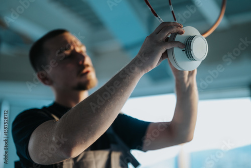 Bild auf Leinwand A professional technician is carefully installing a smoke detector on a ceiling, showcasing expertise and focus in fire safety and security systems in a workplace environment